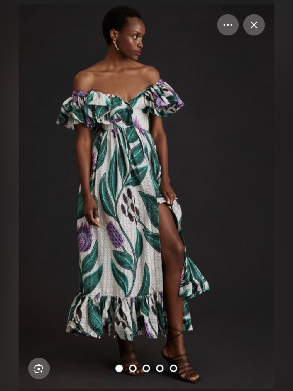 Anthropologie-Sika Off-Shoulder Green & Purple Floral Maxi Dress